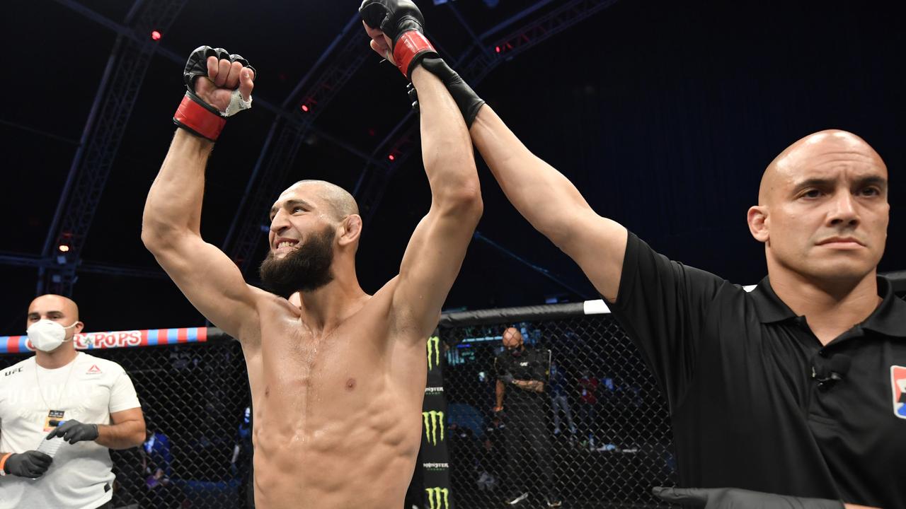 Khamzat Chimaev celebrates after his TKO victory over Rhys McKee.