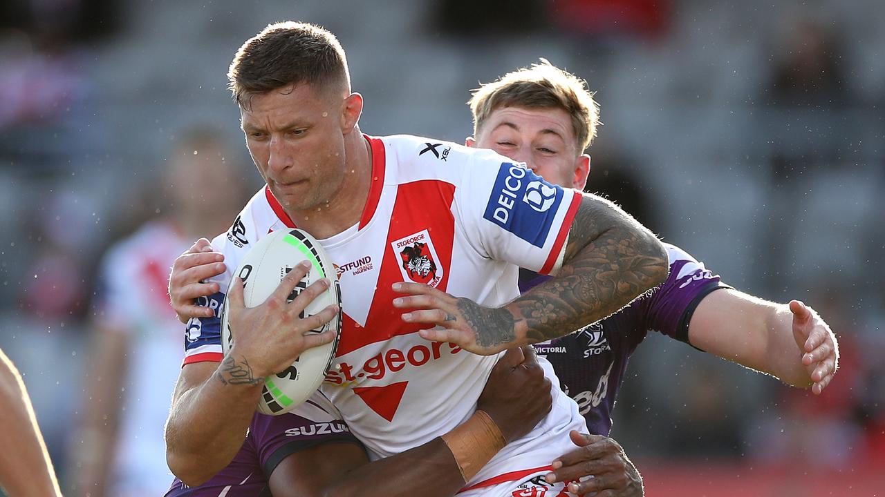 SYDNEY, AUSTRALIA - SEPTEMBER 27: Tariq Sims of the Dragons is tackled during the round 20 NRL match between the St George Illawarra Dragons and the Melbourne Storm at Netstrata Jubilee Stadium on September 27, 2020 in Sydney, Australia. (Photo by Mark Kolbe/Getty Images)