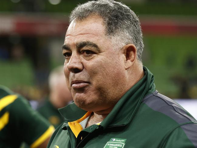 MELBOURNE, AUSTRALIA - OCTOBER 28: Australia head coach Mal Meninga looks on after the Men's pacific Championship match between Australia Kangaroos and New Zealand Kiwis at AAMI Park on October 28, 2023 in Melbourne, Australia. (Photo by Daniel Pockett/Getty Images)