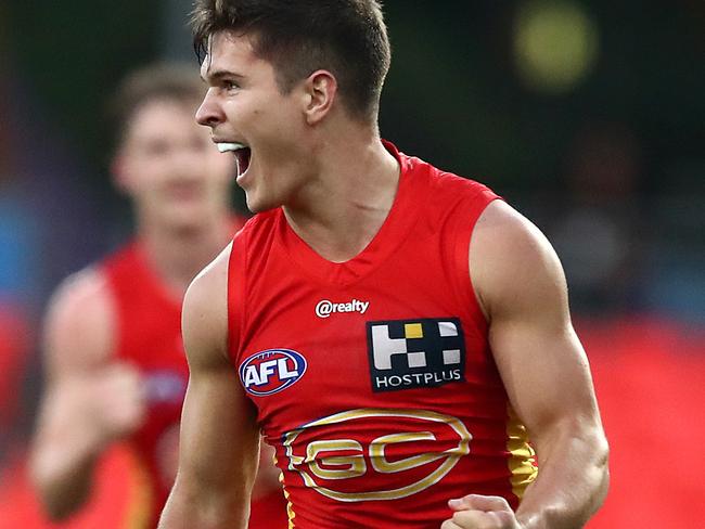 Connor Budarick celebrates a goal against Adelaide.