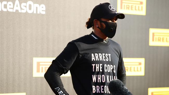 Lewis Hamilton’s advocacy for justice for Breonna Taylor after winning the Tuscan Grand Prix in 2020 was among stands that led to the FIA review. Picture: Bryn Lennon/Getty Images