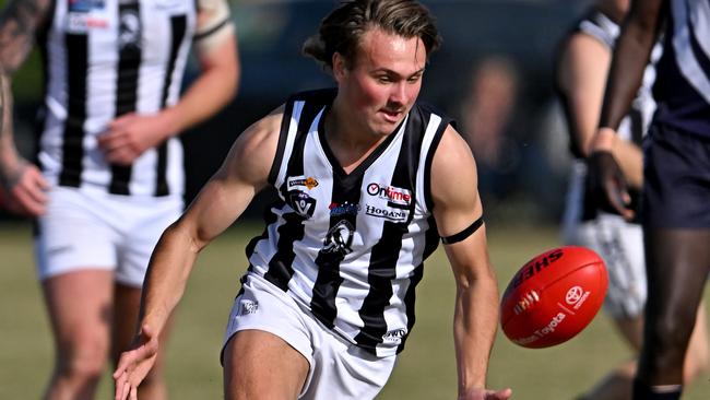 WallanÃs Brodie Gilchrist during the RDFL Melton Centrals v Wallan football match in Harkness, Saturday, April 23, 2022. Picture: Andy Brownbill