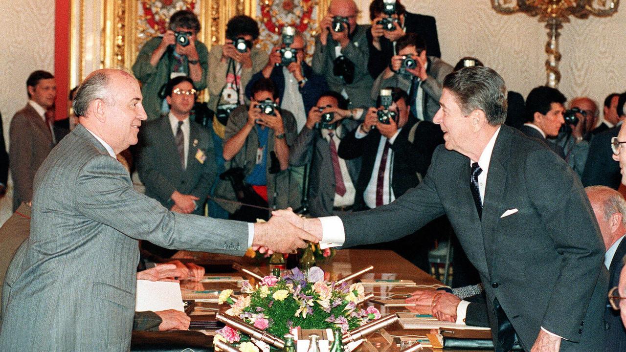 During the Cold War, the US and USSR, understood each others military doctrines. Then US president Ronald Reagan (R) shakes hands with then Soviet leader Mikhail Gorbachev at St. Catherine's Hall, Kremlin Place, in Moscow in 1988.