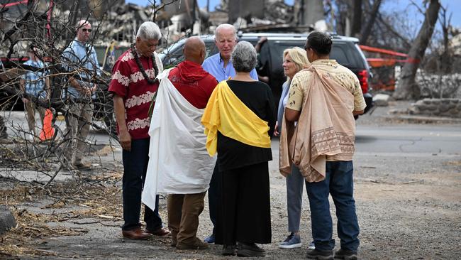 Joe and Jill Biden participate in a blessing ceremony with the Lahaina elders at Moku'ula following fires in Lahaina. Picture: AFP