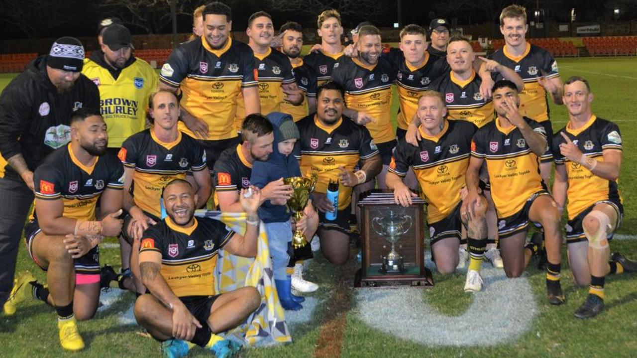 Gatton Hawks celebrate after their victory over the Roosters in the 2023 Madsen Rasmussen Cup.