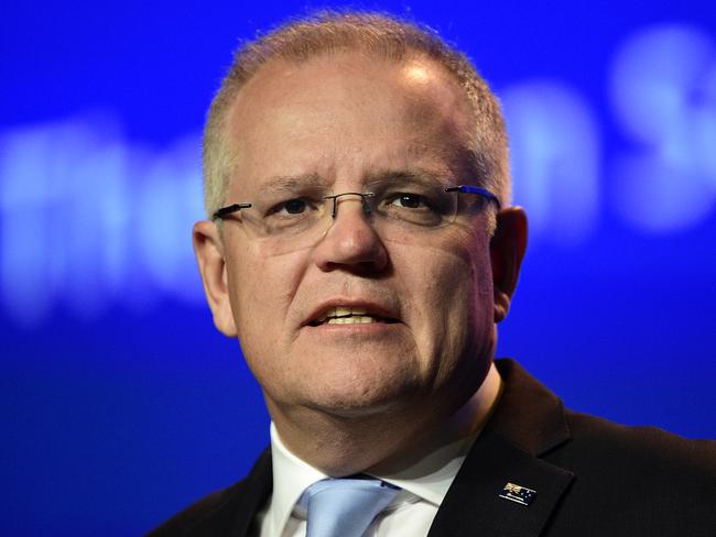 Prime Minister Scott Morrison gives a speech at the NSW Liberal State council meeting at the International Convention Centre (ICC), Sydney, Saturday, September 7, 2019. (AAP Image/Bianca De Marchi) NO ARCHIVING