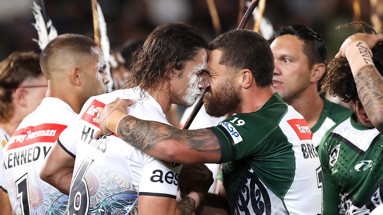 Nicho Hynes of the Indigenous All Stars and Kenny Bromwich of the Maori All Stars exchange greeting before the All Stars match earlier this year. Picture: Mark Kolbe/Getty Images