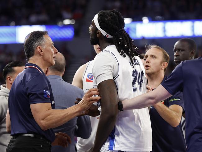 MELBOURNE, AUSTRALIA - NOVEMBER 17: Montrezl Harrell of the Adelaide 36ers argues withy a member of the crowd during the round nine NBL match between Melbourne United and Adelaide 36ers at John Cain Arena, on November 17, 2024, in Melbourne, Australia. (Photo by Darrian Traynor/Getty Images)