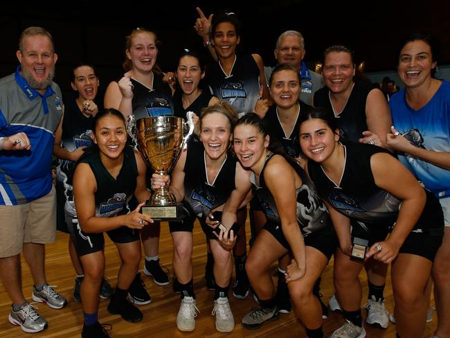 Lightning celebrates its third consecutive DBA women’s title after defeating Tracy Village in the 2020 DBA final. Picture Glenn Campbell