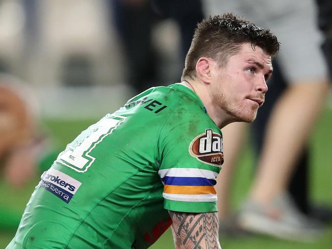 Canberra Raiders players John Bateman dejected after losing to the Sydney Roosters in the 2019 NRL Grand Final at ANZ Stadium. Picture. Phil Hillyard