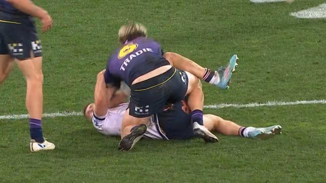 This incident prompted the NRL to issue Cameron Munster with a concerning act. Credit: Fox Sports screenshot.