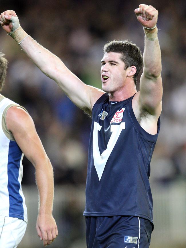 Jonathan Brown celebrates Victoria’s win in the Hall of Fame tribute match.