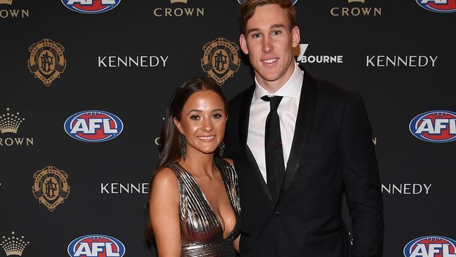 Tom Lynch of the Tigers arrives with his partner Olivia Burke at the 2019 Brownlow Medal at Crown Palladium. Picture: Quinn Rooney/Getty Images)