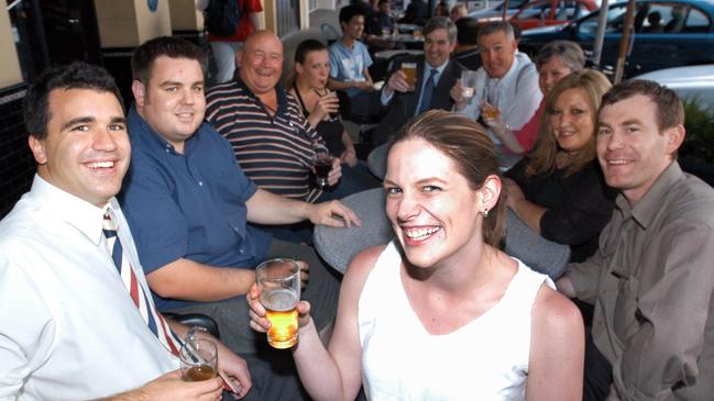Peter Malinauskas (front left), Kate Ellis (front centre) and Nick Champion (front right) in October 2004 after Ms Ellis’s victory in the federal seat of Adelaide.