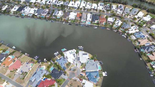 Drone footage from above Monterey Keys showing the dark substance in the water.