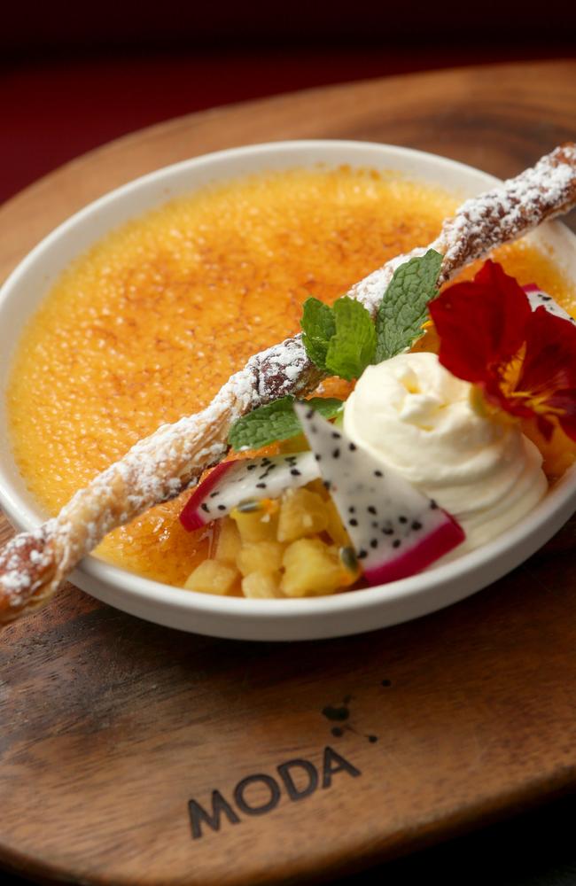 “The blonde and I shared an awesome crème brûlée ($16), which Bonnet himself would have been proud to deliver.” Picture: AAP/Steve Pohlner