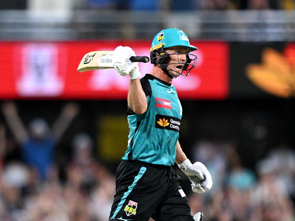 Nathan McSweeney celebrates after guiding Brisbane Heat to a BBL win over the Adelaide Strikers. Picture: Bradley Kanaris/Getty Images