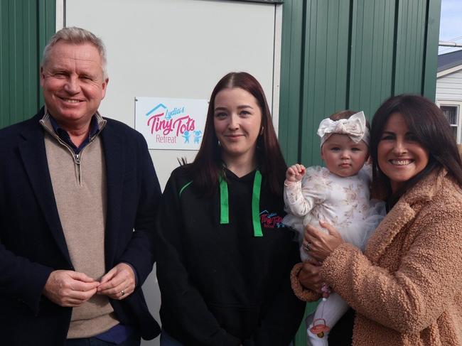 Premier Jeremy Rockliff, Lydia Burr of Lydia's Tiny Tots Retreat, Education Minister Jo Palmer, and baby Edith. Picture: Supplied