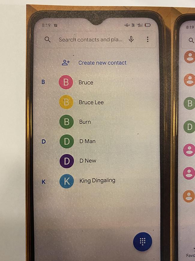 Court released images from the sentencing of Michael-John Teagle showing his phone contacts. Picture: District Court