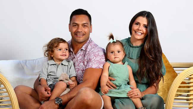 Bronco Alex Glenn with partner Jemma and children Miller and Giselle at their Gold Coast home. Picture: Adam Head