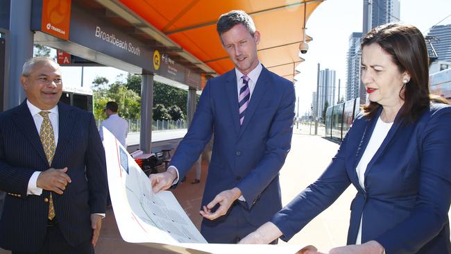 Gold Coast Mayor Tom Tate, Transport Minister Mark Bailey and QLD Premier Annastacia Palaszczuk review the proposed route of the tram extension. Picture: Tertius Pickard