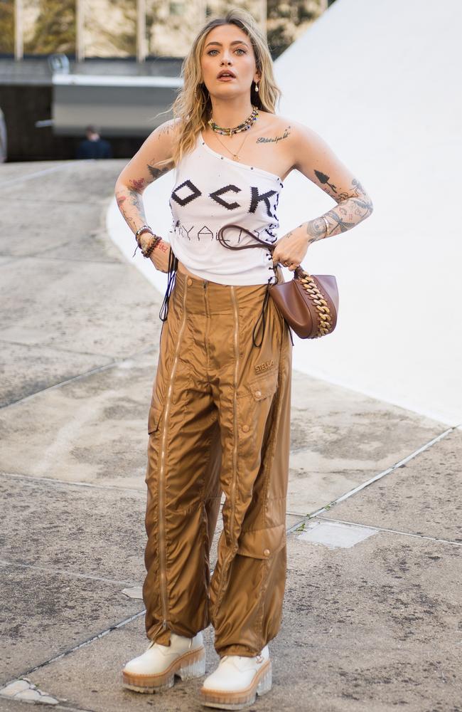 The daughter of Michael Jackson wore this ‘Rock Royalty’ top to the Stella McCartney show. Picture: Jacopo Raule/Getty Images