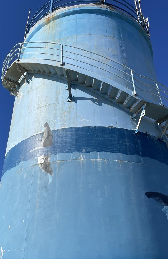 The Woolgoolga water tank is worse for wear atop the Woolgoolga headland. Picture: Matt Gazy