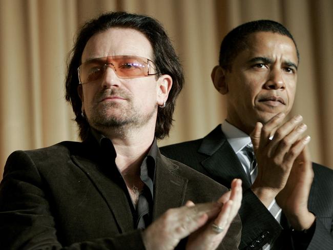 Buddies: a fresh-faced Barack Obama with Bono in 2006. Pic: AP/Ron Edmonds
