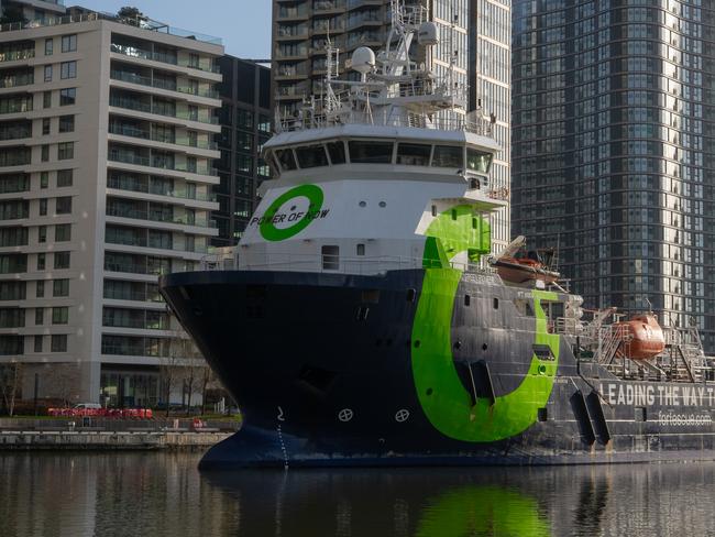 Andrew Forrest's Fortescue Green Pioneer ship docks at Canary Wharf in London on March 9, 2025 to showcase its world leading conversion to run on ammonia. Photo: supplied