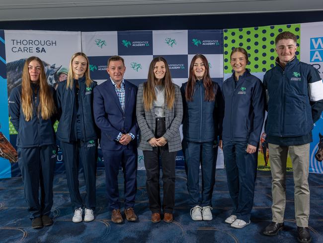 (From left) Rachael Kramer, Alyssa Webb, jockey coach Dean Pettit, talent manager Ruby Mayers, Tahlia Hardy, Sophie Potter and Jayden Kerr. Picture: Makoto Kaneko