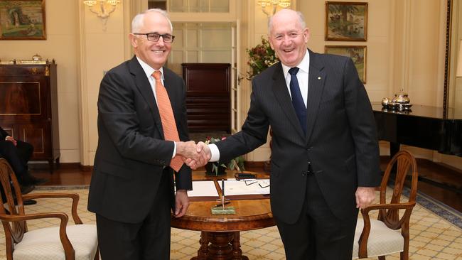 Former prime minister Malcolm Turnbull with former governor-general Peter Cosgrove during a swearing-in ceremony at Canberra’s Government House. Picture: Gary Ramage