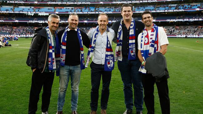 Bulldogs greats Daniel Giansiracusa, Lindsay Gilbee, Daniel Cross, Tom Boyd and Easton Wood at the anniversary game. (Photo by Michael Willson/AFL Photos via Getty Images)