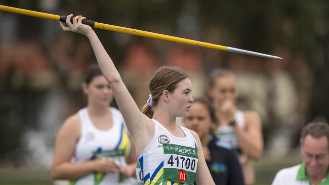 Mingara’s Stella Norris in action during the women’s Javelin Throw at the Athletics NSW All Comers meet at Mingara Regional Athletics Track on January 11. Picture: Troy Snook