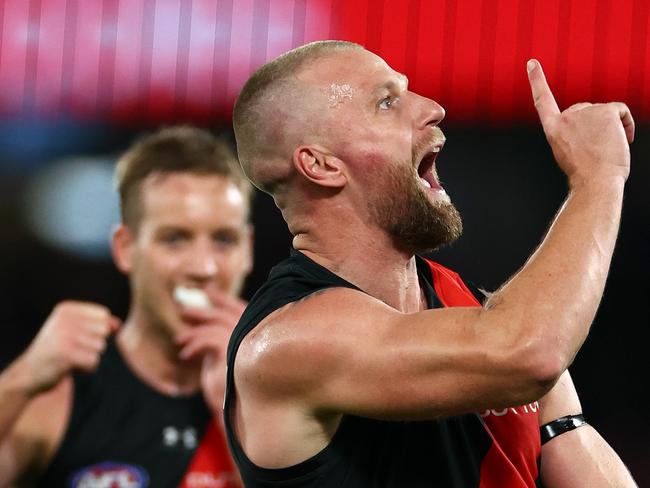 MELBOURNE, AUSTRALIA - APRIL 12: Jake Stringer of the Bombers celebrates kicking a goal during the round five AFL match between Western Bulldogs and Essendon Bombers at Marvel Stadium, on April 12, 2024, in Melbourne, Australia. (Photo by Quinn Rooney/Getty Images)