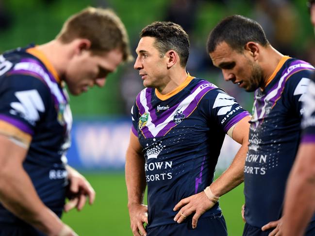 Billy Slater of the Storm ponders after the team's loss during the Round 11 NRL match between the Melbourne Storm and the Manly-Warringah Sea Eagles at AAMI Park in Melbourne, Saturday, May 19, 2018. (AAP Image/Joe Castro) NO ARCHIVING, EDITORIAL USE ONLY