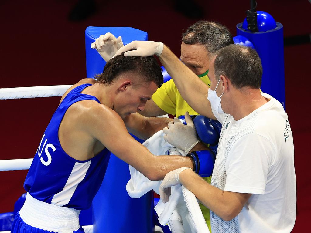 Garside was no match for Andy Cruz of Cuba during the semi-final of the mens Light (57kg-63kg) boxing at the Kokugikan Arena at the Tokyo Olympics. Picture: Adam Head