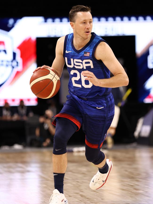 Josh Magette dribbles the ball during the game against the Argentina Men's National Team on July 13, 2021 at Michelob ULTRA Arena in Las Vegas, Nevada. (Photo by Stephen Gosling/NBAE via Getty Images)