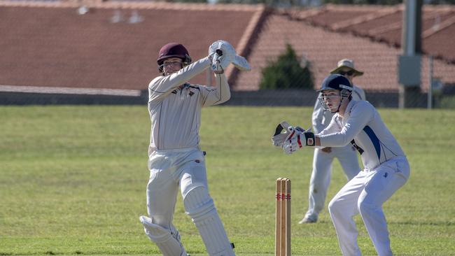 Sam Neale hits a six for Wests. Photo: Nev Madsen