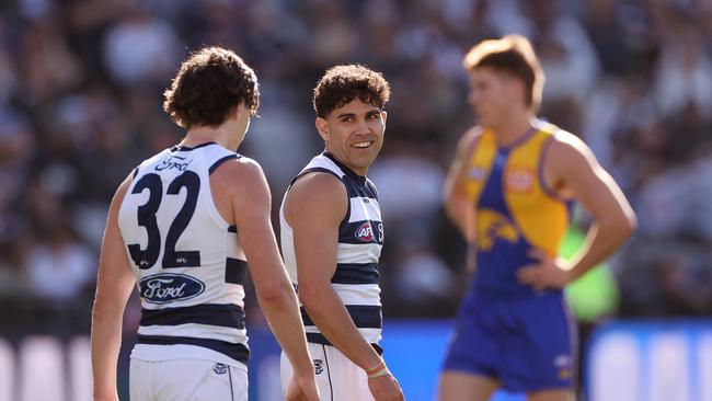 GEELONG, AUSTRALIA – AUGUST 24: Tyson Stengle of the Cats reacts during the round 24 AFL match between Geelong Cats and West Coast Eagles at GMHBA Stadium, on August 24, 2024, in Geelong, Australia. (Photo by Kelly Defina/Getty Images)