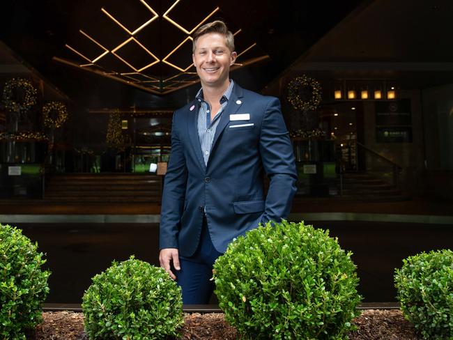 **The Thanks A Million campaign** Joshua Dows, food and beverage director at Sheraton Sydney Grand Hyde Park, who helped manage his hotel when it became a quarantine hotel.Picture:Justin Lloyd