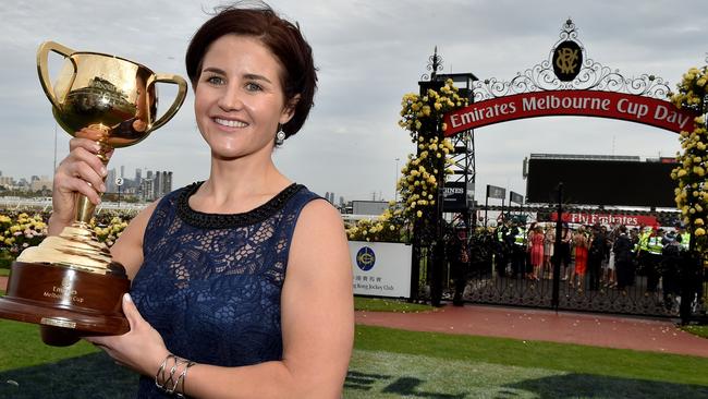 Melbourne Cup Day. Michelle Payne with the Melbourne Cup at the end of the day. Picture: Jay Town. Tuesday November 3, 2015. Melbourne, Australia. MelbourneCup15