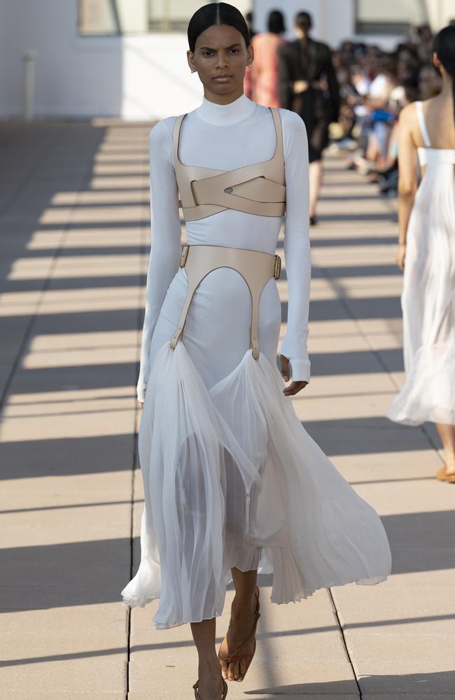 Pleated details were teamed with leather harnesses. Picture: Dion Lee