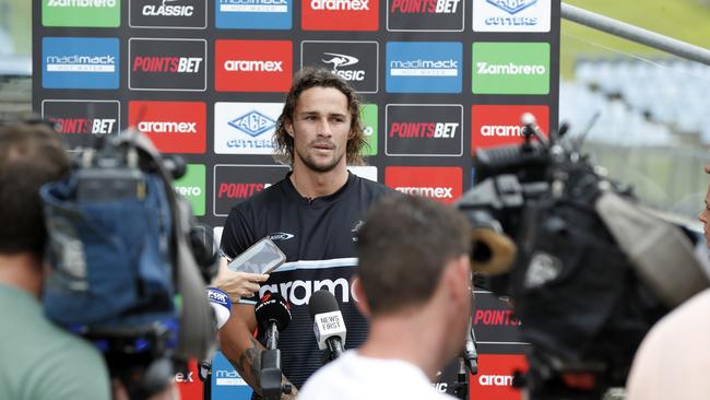 Hynes answered all the tough questions about his mum during a press conference in Cronulla on Monday. Picture; Jonathan Ng