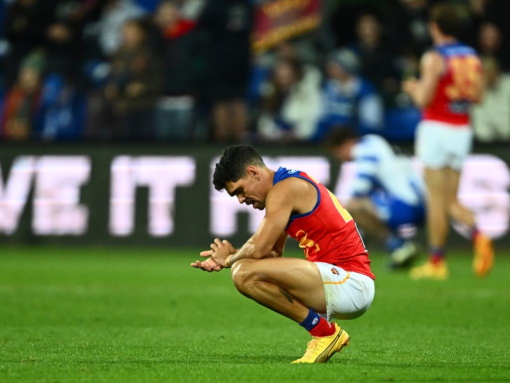 Charlie Cameron on his haunches after the final siren. Picture: Steve Bell/Getty Images.