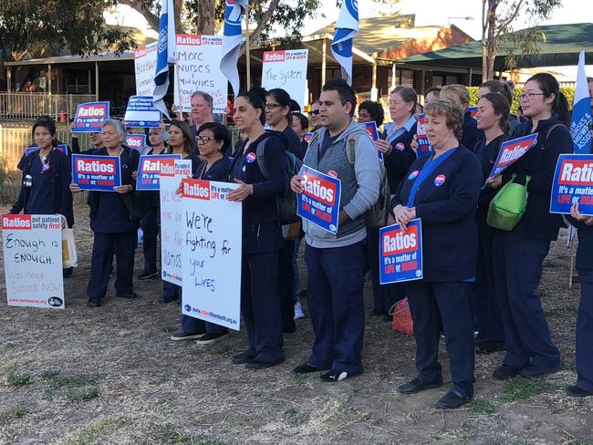 Nurses held signs saying ‘Ratios — it’s a matter of life or death’.