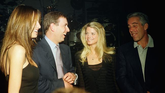 Prince Andrew and Jeffrey Epstein with Melania Trump and Gwendolyn Beck in Palm Beach, Florida, in 2000. Picture: Davidoff Studios/Getty Images