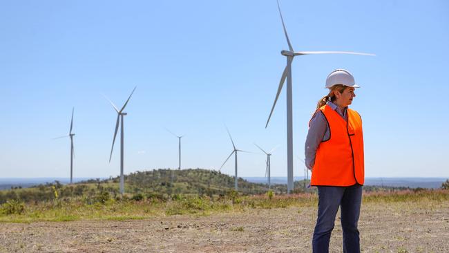 Queensland Premier Annastacia Palaszczuk at a wind farm in the South Burnett area. Picture: AAP/Russell Freeman