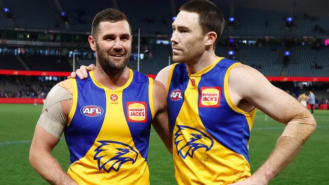 Jack Darling pictured with Jeremy McGovern. Picture: Michael Willson/AFL Photos via Getty Images