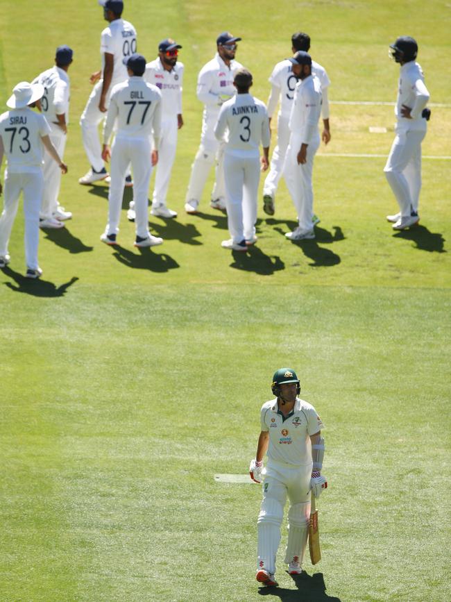 Joe Burns departs after being caught behind for a duck. Picture: Getty Images