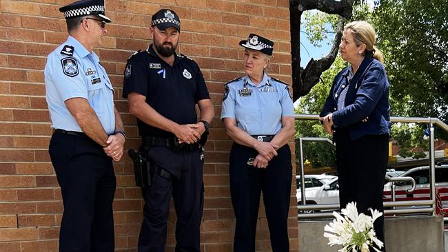 Premier Annastacia Palaszczuk and Police Commissioner Katarina Carroll speak with officers at Chinchilla Police Station.